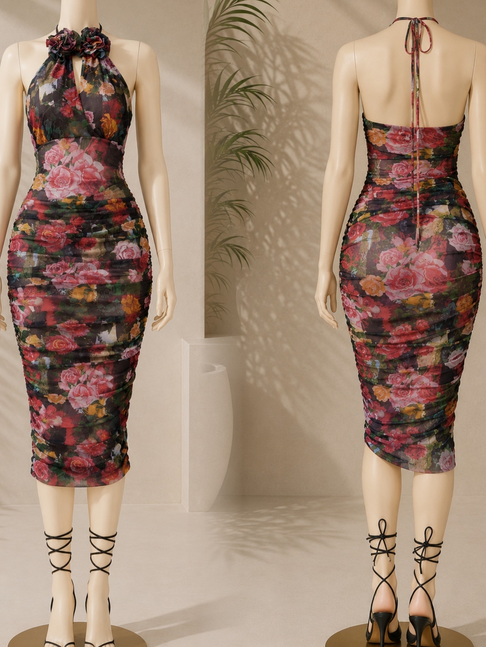 Floral Halter Bodycon Dress - Black Multi
